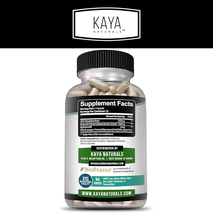 Kaya Naturals DIM Ultra (30 Capsules) | DIM Supplement for Women and Men | Vegetable Capsules with Broccoli Extract & BioPerine | Herbal Supplement for Hormonal Support, Acne, Menopause, and Prostate