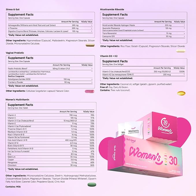 Daily Women Multivitamin Packs - All in One with Vitamin A, D3, K2, B12, NAD, CoQ10, Digestion, L-Theanine, Skin, probiotics for Women, Female Wellness Support Supplement, 30 Packs