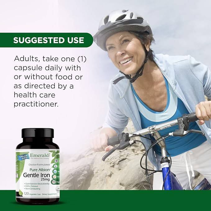 EMERALD LABS Gentle Iron 25mg - Ferrous Bisglycinate Chelate - Chelated Iron Supplement That Supports Energy, Eye, Immune & Heart Health - 120 Vegetable Capsules (120-Day Supply)