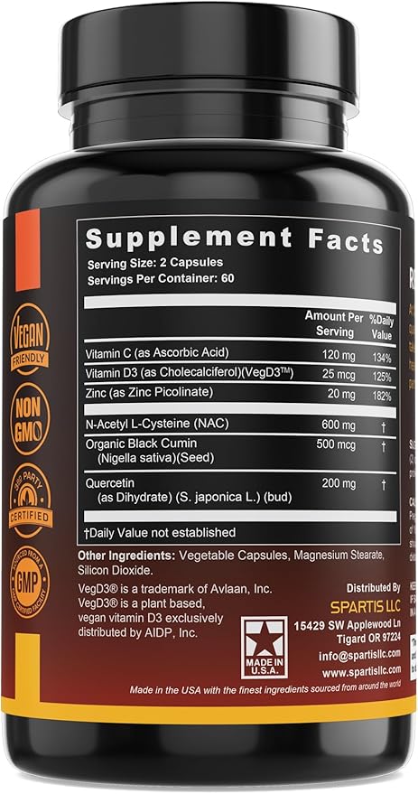 NAC 600mg Black Seed 500mg Zinc Picolinate Quercetin Vitamin C Vitamin D3 Respiratory Support (Pack of 1 Bottle at 120-Caps)