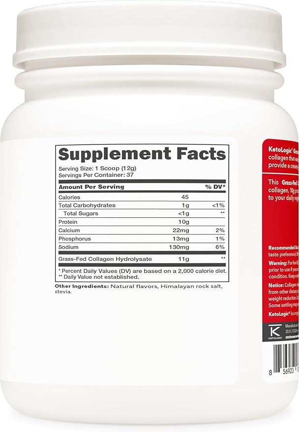 Ketologic Grass Fed Collagen Hydrolysate Powder (Vanilla) (1 LB) - 37 Servings, 11 G Collagen Per Serving, 10 G Protein Per Serving - Grass-fed Collagen Peptides