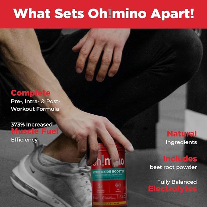 Oh!mino L-Arginine Nitric Oxide Supplement - Blood Flow Supplement, Nitric Oxide Booster w/Beetroot Powder for Energy, Focus, Endurance, Muscle Building - Pre & Post Workout (120-Count, 30 Servings)
