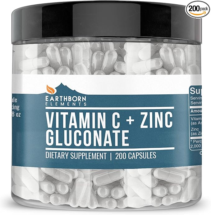 Earthborn Elements Vitamin C Plus Zinc Gluconate Supplement, (200 Capsules) Blended Health Support, Non-GMO, Gluten Free,
