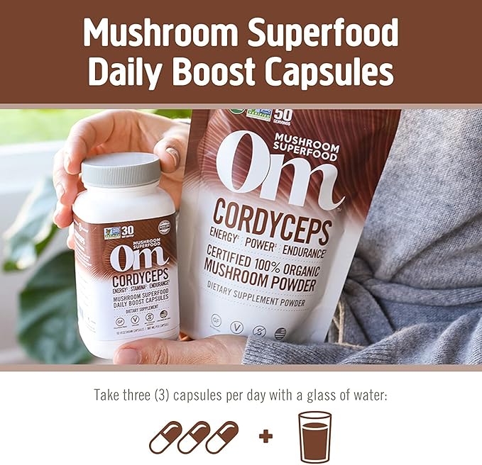 OM MUSHROOM SUPERFOOD Cordyceps Mushroom Capsules Superfood Supplement, 90 Count, 30 Days, Organic Energy Supplement for Stamina and Endurance