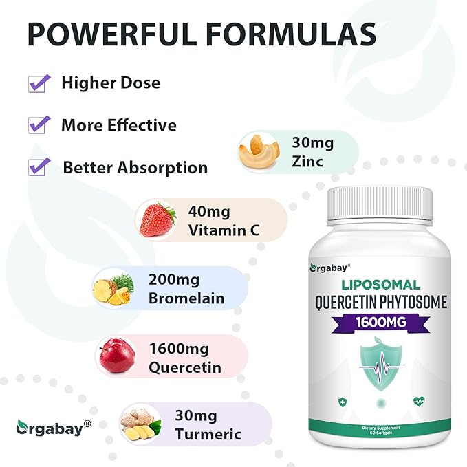 Liposomal Quercetin Phytosome 1600 mg,Bromelain 200mg,Zinc 30mg,Vitamin C Turmeric 40 mg,Highest Absorption,Quercetin Complex, 360 Softgels