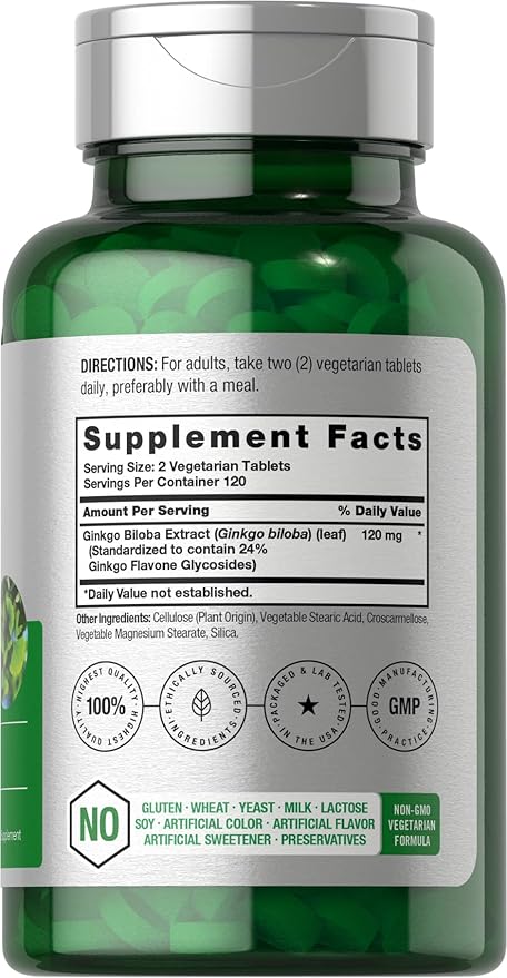 Horbäach Ginkgo Biloba Supplement | 120mg | 240 Tablets | Standardized Herbal Extract | Flavone Glycosides | Vegetarian, Non-GMO, and Gluten Free