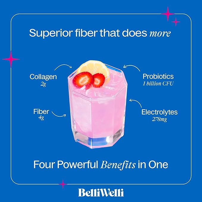 Fiber Supplement for Women&Men, Premium Daily Fiber Powder from Organic Acacia with Added Collagen, Electrolytes&Probiotics, No Bloat, Constipation&Gut Health Support (Strawberry Lemonade)