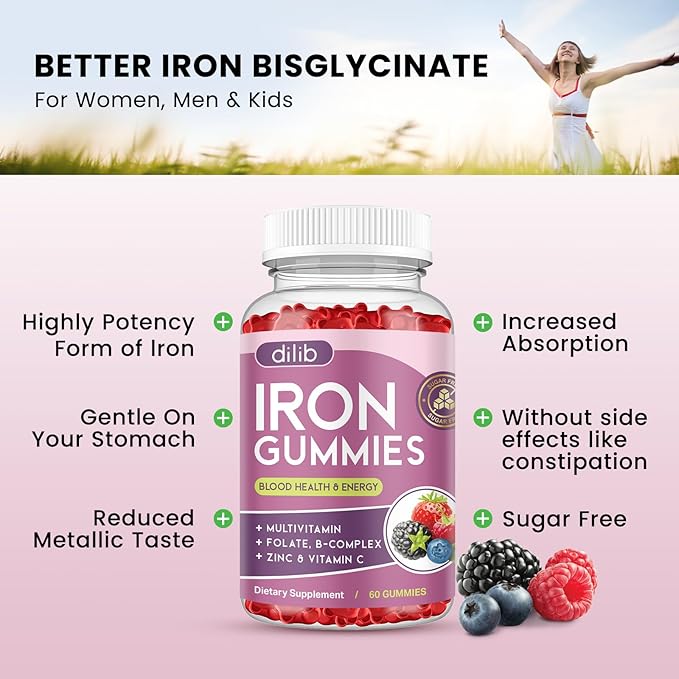Iron Gummies with Multivitamin, Iron Supplement for Women & Men with Zinc, Vitamin B Complex & C, B12, Folate - Blood Builder & Energy Support for Adults & Kids - Mixed Berry Flavor, Vegan 60 Gummies