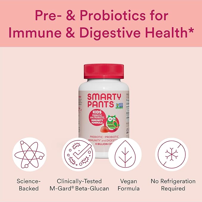 SmartyPants Kids Probiotic & Prebiotic Gummies for Digestive Health: 4 Billion CFU Gut Health Supplement, Clinically Studied Prebiotic for Immune Support, Strawberry, 60 Count (30 Day Supply)