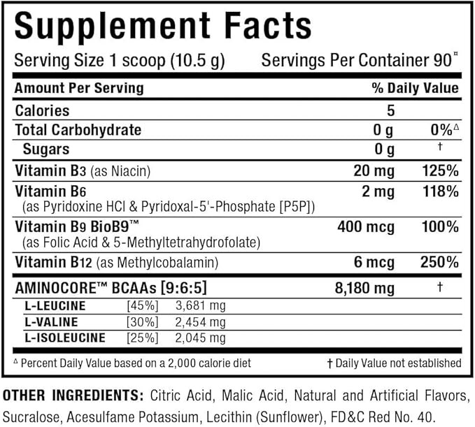 ALLMAX Nutrition AMINOCORE BCAA, Fruit Punch - 945 g Powder - 8.18 Grams of Branched Chain Amin Acids Per Serving - with B Vitamins - No Fillers or Non-BCAA Aminos - Sugar Free - 90 Servings