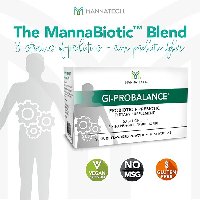 Mannatech Prebiotics and Probiotics, 30 Slimsticks, Yogurt Flavor, GI-ProBalance w/MannaBiotic Blend, Pre and Probiotics Powder for Gut Health, w/ 8 Strains, Rich Prebiotic Fiber & 50 Billion CFU