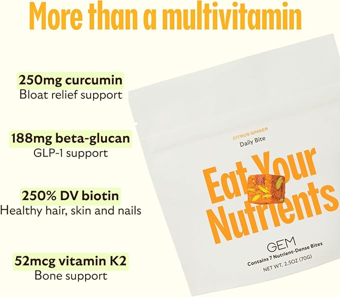 GEM Daily Multivitamin for Women & Men, with 20+ Vitamins & Minerals Like zinc, Vitamin D, B, K, Folic Acid, Turmeric, Fiber and prebiotics, Beta Glucan GLP-1 Support, Brain, & Immunity (7 Day Trial)
