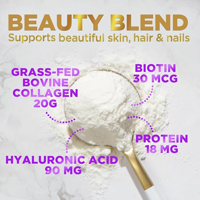 Collagen Peptides Powder - Unflavored Grass Fed Collagen Powder Type I & III Collagen Supplements with Hyaluronic Acid & Biotin - Women's Hair, Nail, Skin, Bones & Joint Health Support - 28 Servings