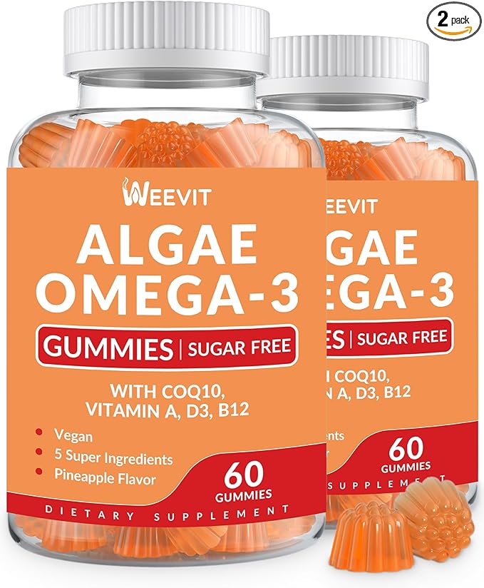 Vegan Omega 3 Gummies, Algae Omega-3 Supplement DHA 240mg, EPA 110mg w/Vitamin B12, CoQ10, Fish Oil Alternative for Adults - Brain, Bone, Eye & Immunity Support
