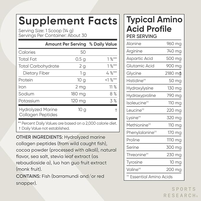 Sports Research Marine Collagen Peptides - Beauty Collagen Supplement for Women & Men - Post Workout Recovery Protein Powder with Vital Amino Acids for Hair, Skin, & Joint Support (Dark Chocolate)