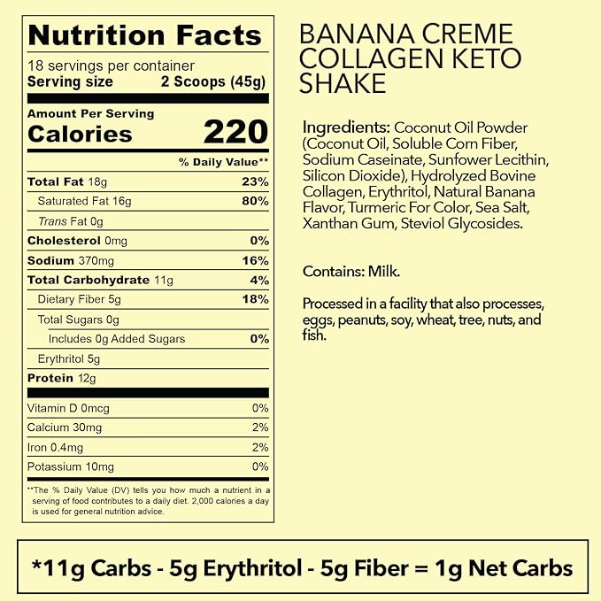 Keto Collagen Shake (Banana Creme) - with Coconut Oil, Prebiotics, Grass Fed Hydrolyzed Collagen Peptides Type I & III, Low Carb, Gluten Free,1.78lbs.