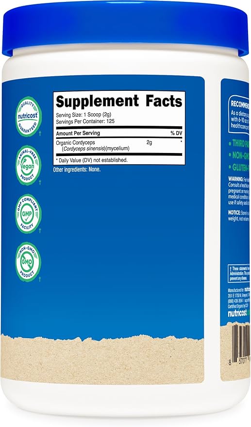 Nutricost Organic Cordyceps Mushroom Powder 250 Grams - USDA Certified Organic, Non-GMO, Gluten Free