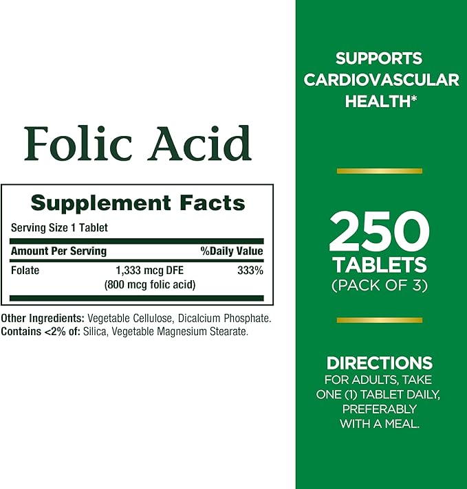 Nature's Bounty Folic Acid 800 mcg Tablets Maximum Strength, 250 Count (Pack of 1)