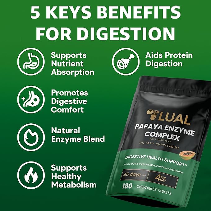 LUAL Papaya Enzyme Complex – Chewable Tablets with Papain, Bromelain & Digestive Enzymes – Supports Digestion & Nutrient Absorption – Natural Papaya Flavor – 180 Count