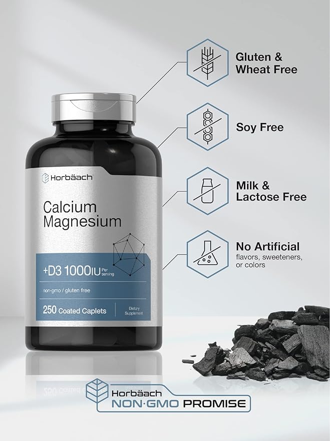 Horbäach Calcium Magnesium D3 Supplement | 1000 IU D3 | 250 Coated Caplets | Non-GMO & Gluten Free
