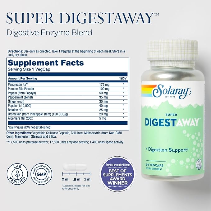 SOLARAY Super Digestaway Digestive Enzymes - Pancreatin, Papain, Ginger, Pepsin, Betaine HCl, Aloe Vera, and More - Digestion & Nutrient Absorption Support - Lab Verified - 60 VegCaps