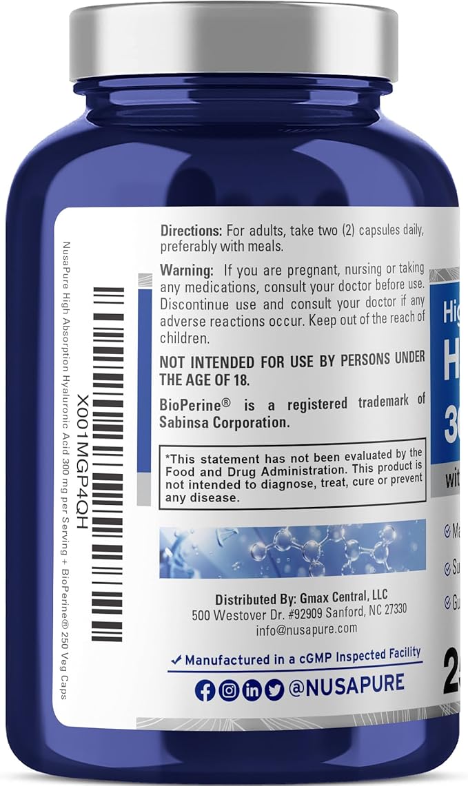 NusaPure Hyaluronic Acid 300mg 250 Veggie Capsules (Non-GMO, Vegan)