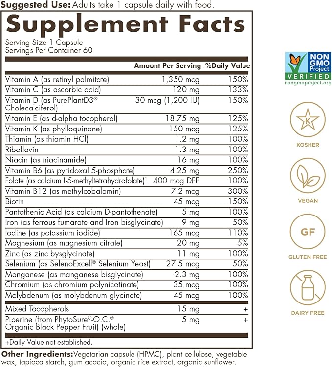 Solgar One Daily Women's Multi Whole Body Support Highly Absorbable Delayed Release Vitamin for Women, Supplement for Immune, Heart, Energy, Stress, Hair Skin Nails & Reproductive Health, 60 Servings