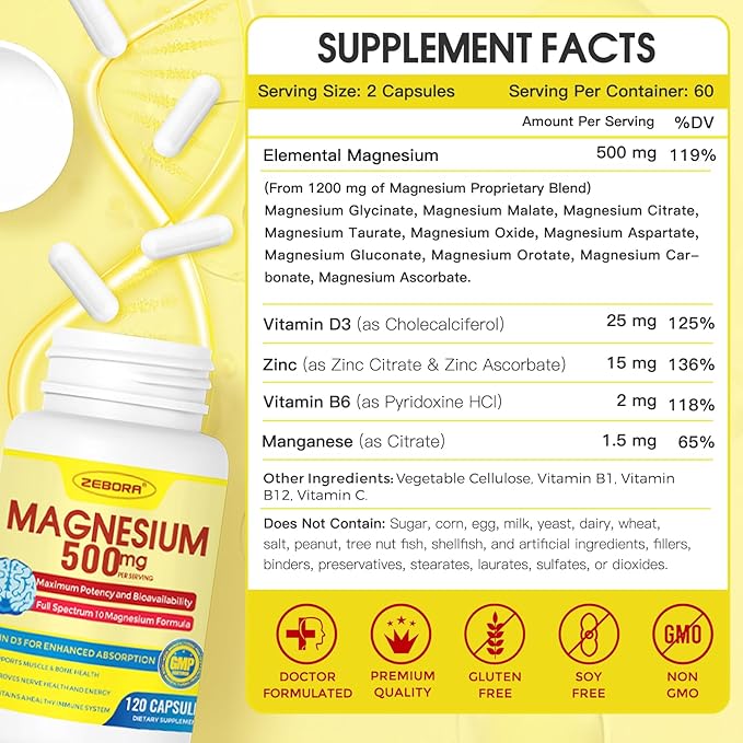 10-in-1 Magnesium Complex Supplement, Magnesium Glycinate 500mg with Citrate & Malate, Chelated High Absorption Plus Vitamin D3 & Zinc - for Nerve, Muscle & Bone Support - 120 Capsules