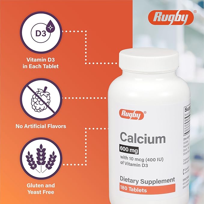 Rugby 600mg Calcium Tablets - Made with 10mcg (400IU) of Vitamin D3 - Dietary Supplement - 180 Count (2 Pack)
