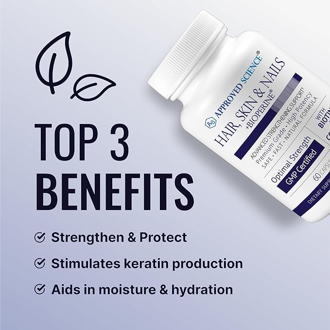 Approved Science Hair, Skin and Nails - Support Supplement - Biotin, Collagen, Vitamin B Complex, Silica, BioPerine - 180 Capsules - 3 Month Supply