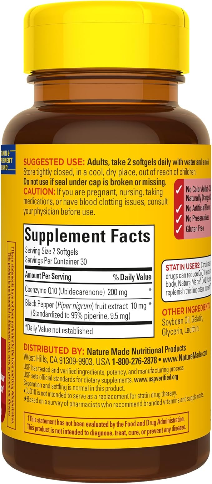 Nature Made CoQ10 200mg per Serving with Black Pepper Extract for Enhanced Nutrient Absorption, Heart Health Support, 60 Softgels, 30 Day Supply