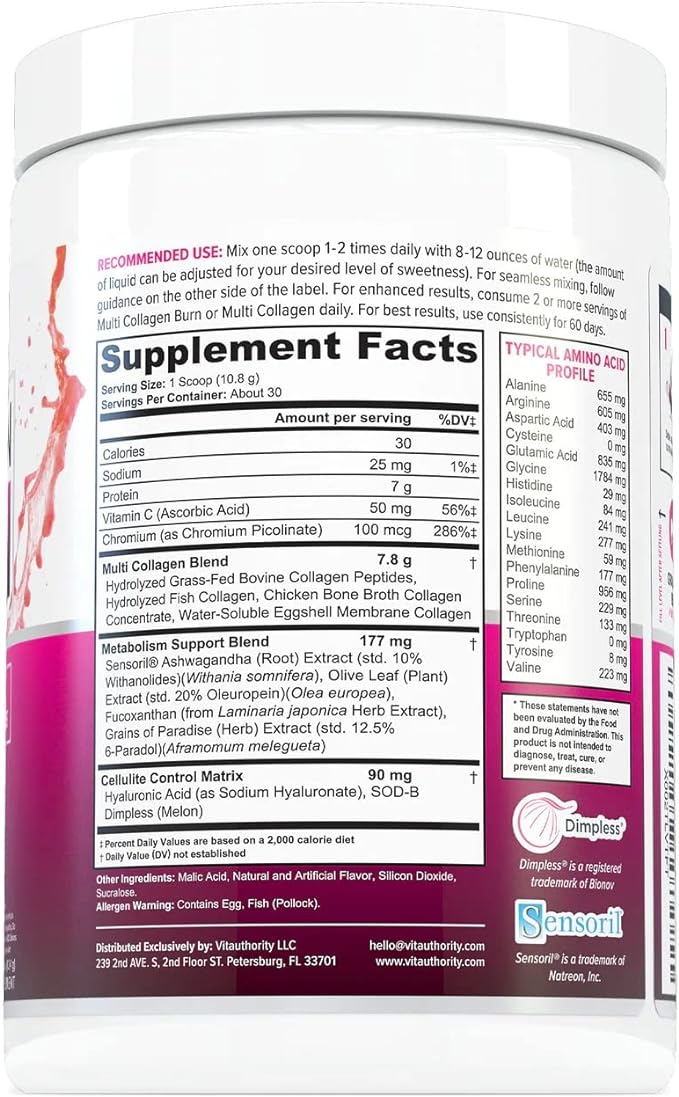 Multi Collagen Burn: Hydrolyzed Protein Peptides with Hyaluronic Acid, Vitamin C, SOD B Dimpless, Types I, II, III, V and X, Caffeine-Free Strawberry Lemonade Flavored 30 Servings