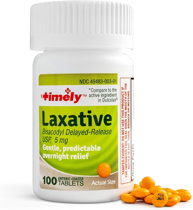 Timely Laxative Bisacodyl 5mg Tablets - Stimulant Laxatives for Constipation Fast Acting & Gentle - Overnight Constipation Relief for Adults - Compare to Active Ingredients in Dulcolax - 100 Tablets