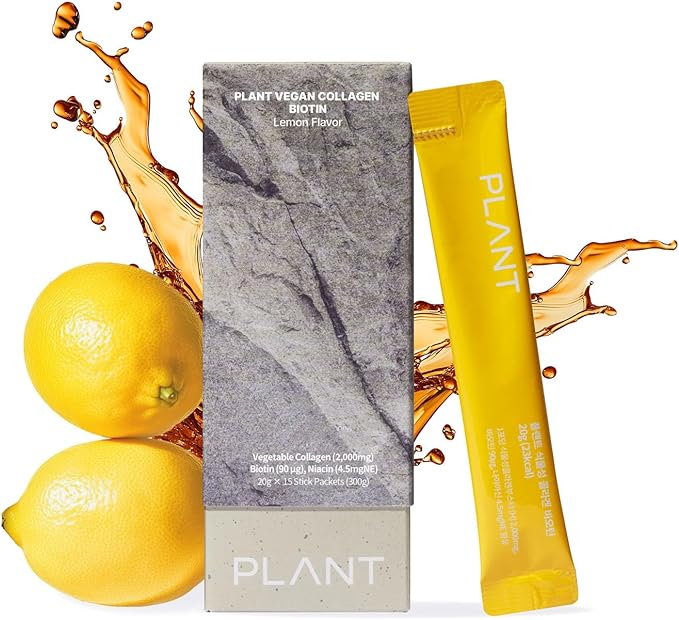 PLANT Vegan Liquid Collagen with Biotin & Niacin | 2,000mg Hydrolyzed Collagen Peptides | Kosher & Halal Certified| Lemon Flavor| Skin, Hair & Nail Support| 363Da Ultra Low Molecular |15 Stick Packs
