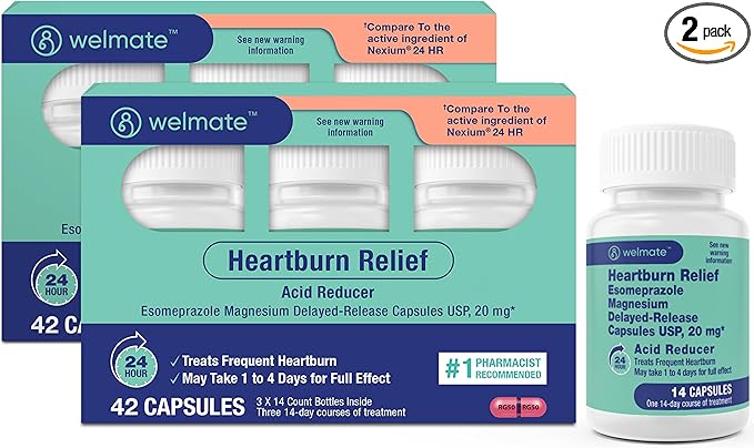 WELMATE - Esomeprazole Magnesium 20 mg - Heartburn Medicine - Acid Reducer - Delayed Release Heartburn Relief - 24hr Protection - for Men & Women - 84 Capsules - 2 Pack