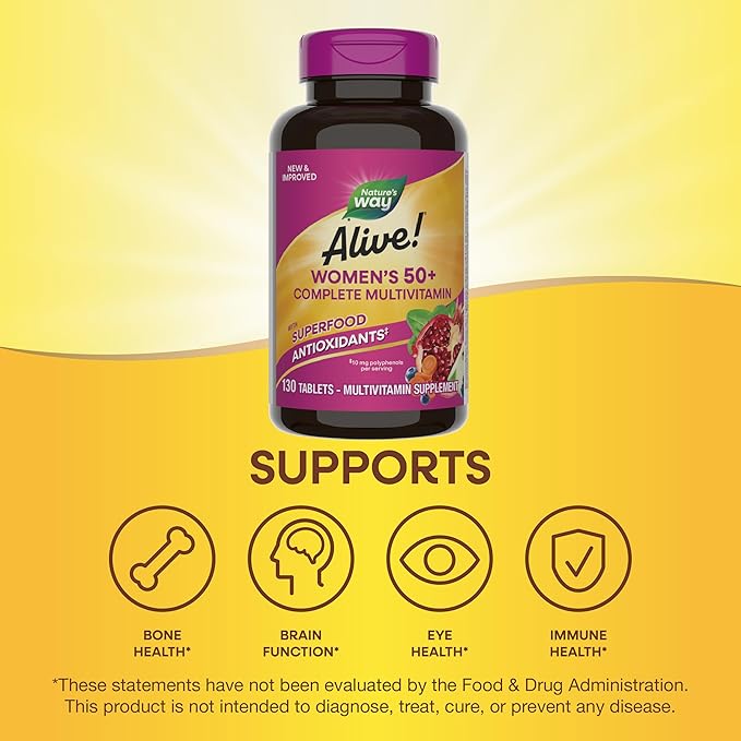 Nature's Way Alive! Women's 50+ Complete Multivitamin, Supports Healthy Heart, Brain, Bones*, Superfood Antioxidants(1), B-Vitamins, Gluten Free, 130 Tablets (Packaging May Vary)