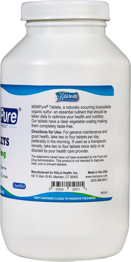 KALA HEALTH MSMPure MSM Tablets – 1,000 mg US-Sourced MSM per Tablet for Joint Health, Skin Appearance, Hair & Nail Support – Coated for Easy Swallowing, Tasteless – 360 Count