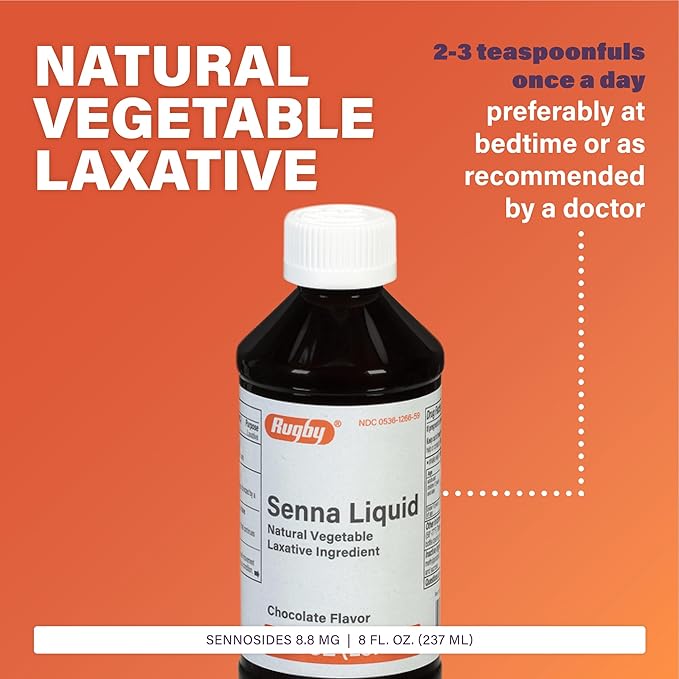 Rugby 8.8 mg Senna Liquid - Made with Natural Vegetable Laxative Sennosides - Promotes Occasional Constipation Relief - Chocolate Flavored - 8 Fl. Oz.
