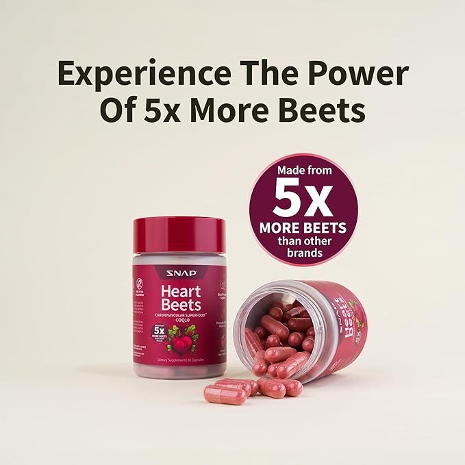 Snap Supplements Heart Beets, USDA Organic Beet Root, 3-in-1 Cardiovascular Superfood, Support Healthy Blood Pressure and Heart Health, 250g (Capsules)