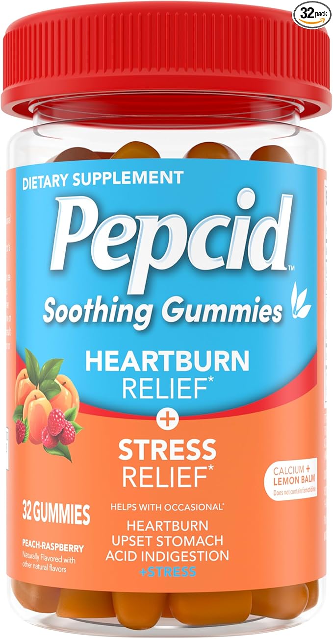 Pepcid Soothing Gummies, Heartburn Relief + Stress Relief Gummies Help with Occasional Heartburn, Upset Stomach, Acid Indigestion, & Stress, Tricalcium Phosphate, Peach-Raspberry, 32 ct