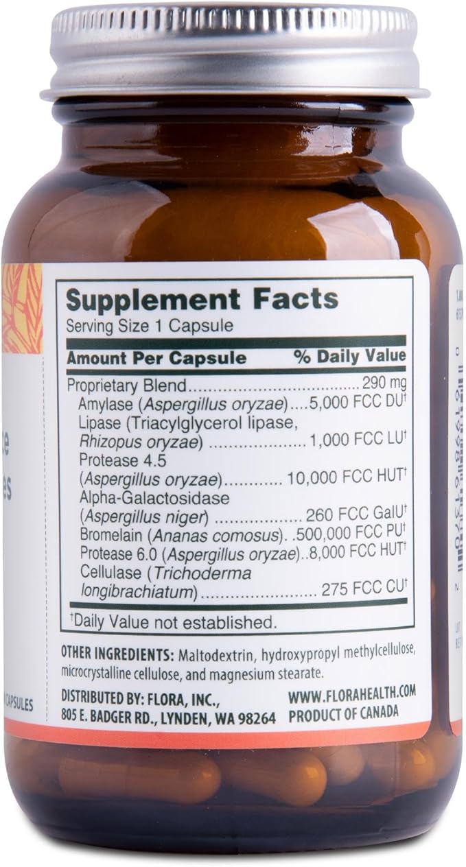 Flora Daily Maintenance Digestive Enzymes - Contains 7 Enzymes for Digestive Health Support - Aids Gas & Bloating - Non-GMO & Gluten-Free - 60 Vegetarian Capsules