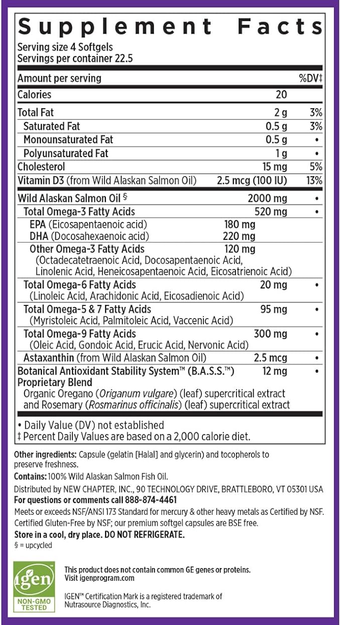 New Chapter Wholemega Fish Oil Supplement - Wild Alaskan Salmon Oil with Omega-3 + Vitamin D3 + Astaxanthin + Sustainably Caught - 90 ct Tiny Caps, 500mg Softgels