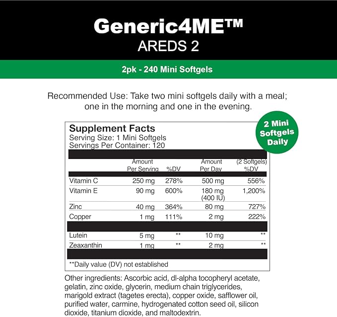 AREDS 2 SoftGels, 500 mg Vitamin C, 400 IU Vitamin E, 10 mg Lutein, 2 mg Zeaxanthin, 80 mg Zinc, 2 mg Copper - Supports Eye Health - 120 Mini SoftGels (Two Month Supply)