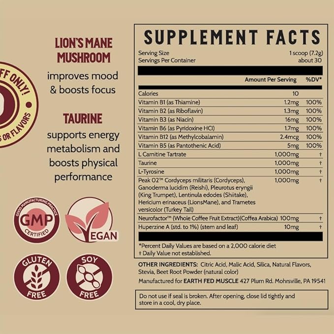 Earth Fed Muscle Stim-Free Stammpede Pre Workout, Sour Cherry, Stimulant and Caffeine Free, Boosts Energy, Endurance and Focus - Lion's Mane and Taurine - Soy Free, Gluten Free, Vegan - 30 Servings