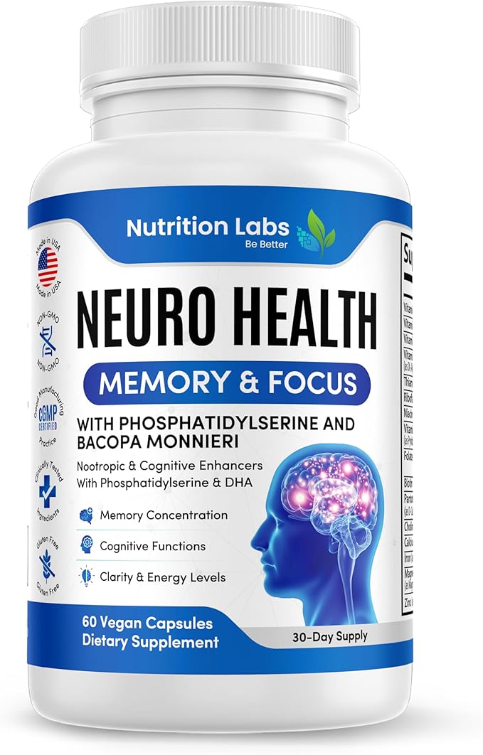 Nootropics and Cognitive Support for Brain Health Enhancer Vegan Supplement - Mental Focus Memory Supplement, Performance Blend, w/Energy and Vitamins DMAE Bacopa Phosphatidylserine Capsules