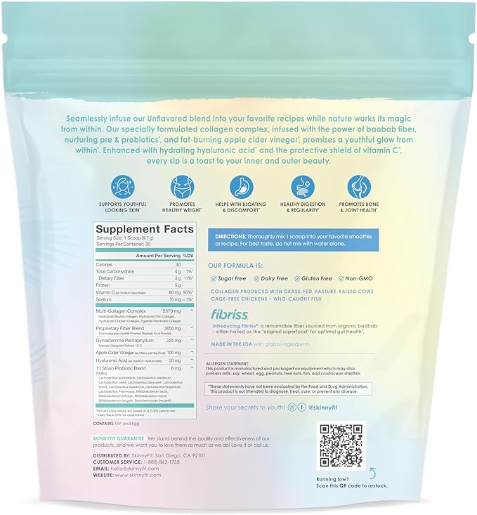 SkinnyFit - Super Youth, Unflavored (30 Servings) - Multi Collagen Peptides Powder - Probiotics, Fiber, Hyaluronic Acid - Collagen for Women - Non GMO, Gluten Free, Sugar Free - Beauty & Self Care