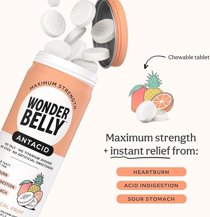 Wonderbelly Antacid, Effective Heartburn and Instant Acid Indigestion Relief, Extra Strength Chewable Tablets, 1000 mg Calcium Carbonate, No Talc or Dye, Tropical Fruit, 60 Count