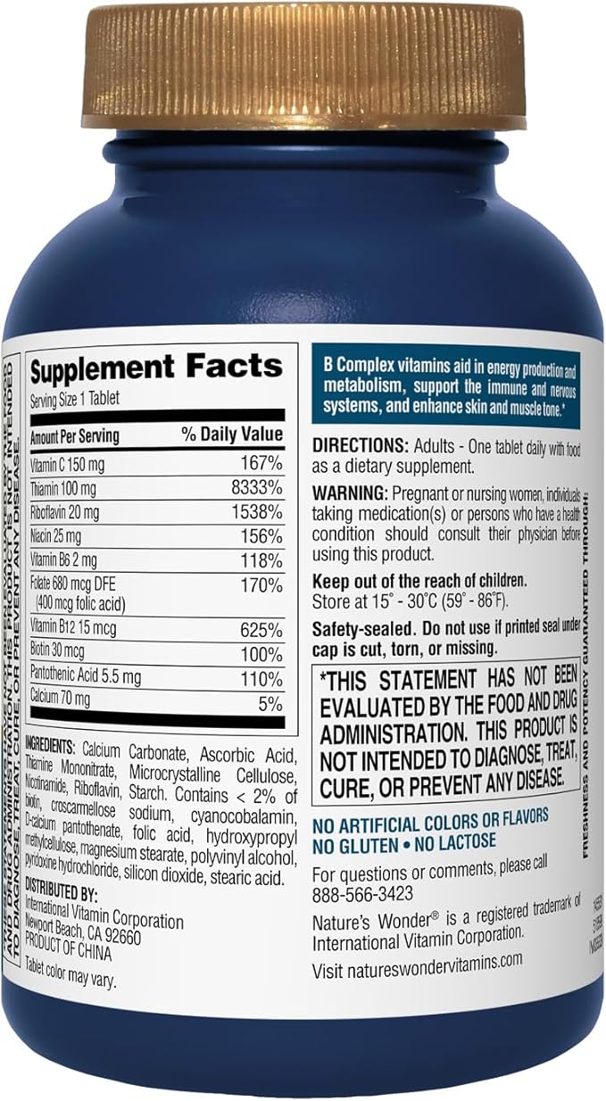 Nature's Wonder Super B Complex with Vitamin C, Vitamin B12, & Folic Acid – Supports Energy Metabolism, Immune Function, Nervous System, Skin & Muscle Health, 150 Tablets