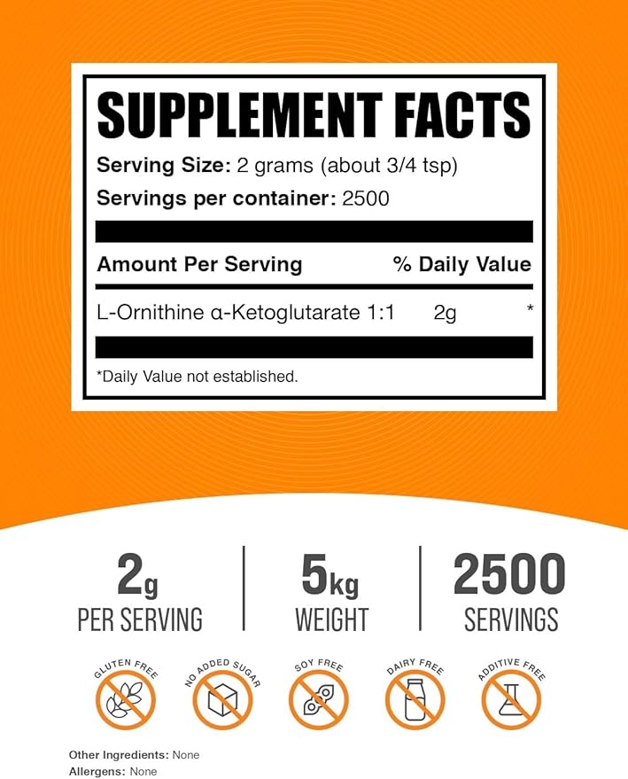 BulkSupplements.com L-Ornithine Alpha-Ketoglutarate Powder - OKG Supplement, Nitric Oxide Supplement, Ornithine Supplement - Gluten Free, 2000mg per Serving, 5kg (11 lbs) (Pack of 5)