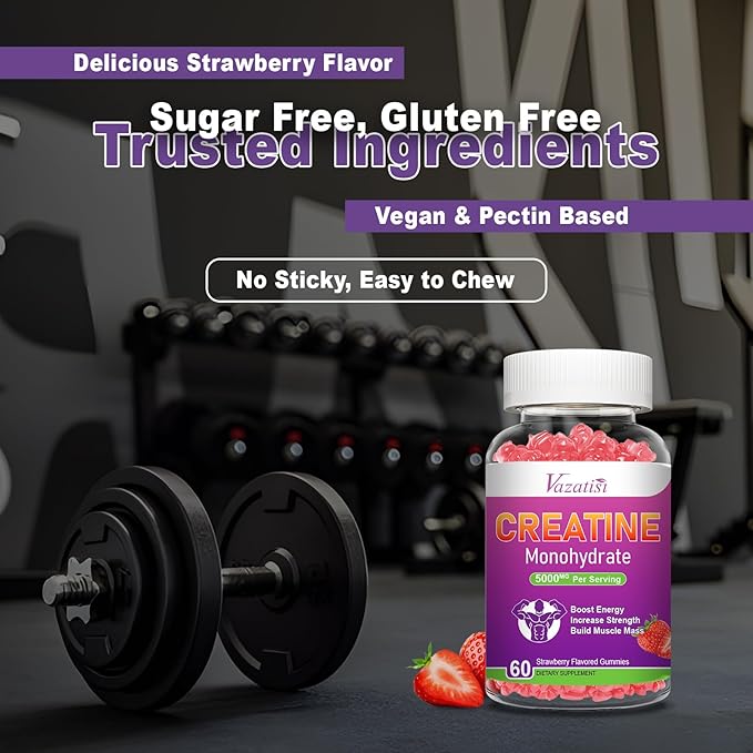 2 Pack Creatine Monohydrate Gummies for Women & Men, Sugar Free Vegan Creatine Supplement for Build Muscles, Increase Energy & Strength, Natural Strawberry Flavor, 120 Count